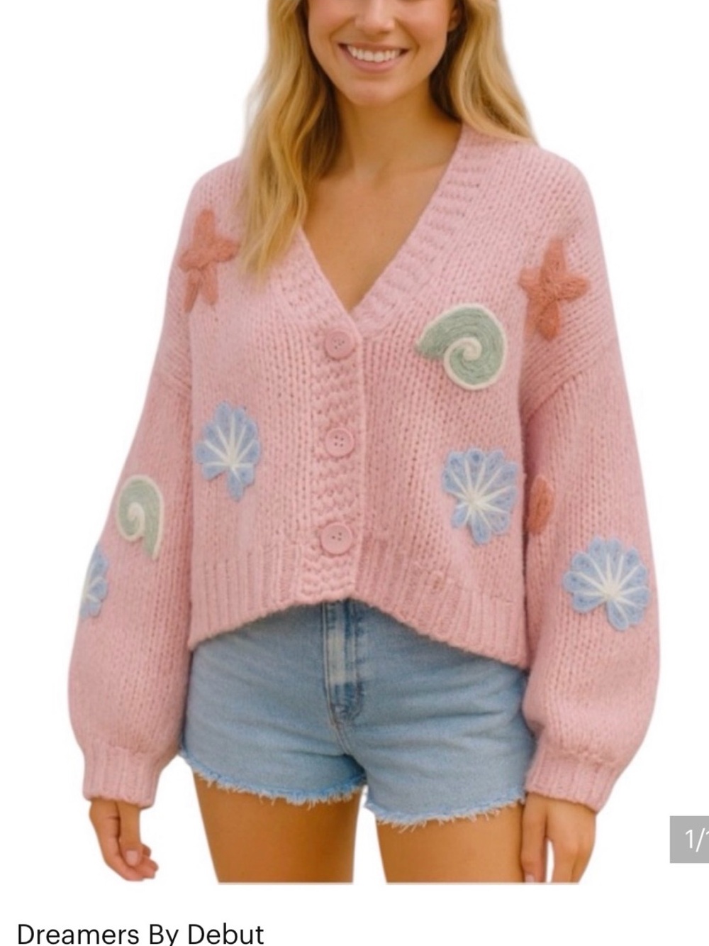 debut Pink V-Neck Embroidered Sea Motif Cardigan New Without Tags